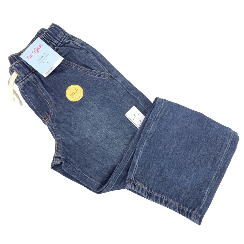 Cat‎ & Jack Straight Jeans Girls Size 8 Dark Wash NEW Flexible Drawstring Denim